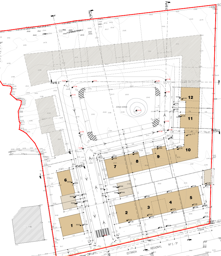 Planta de implantação do Loteamento Rosário com os 12 lotes numerados e zona verde central